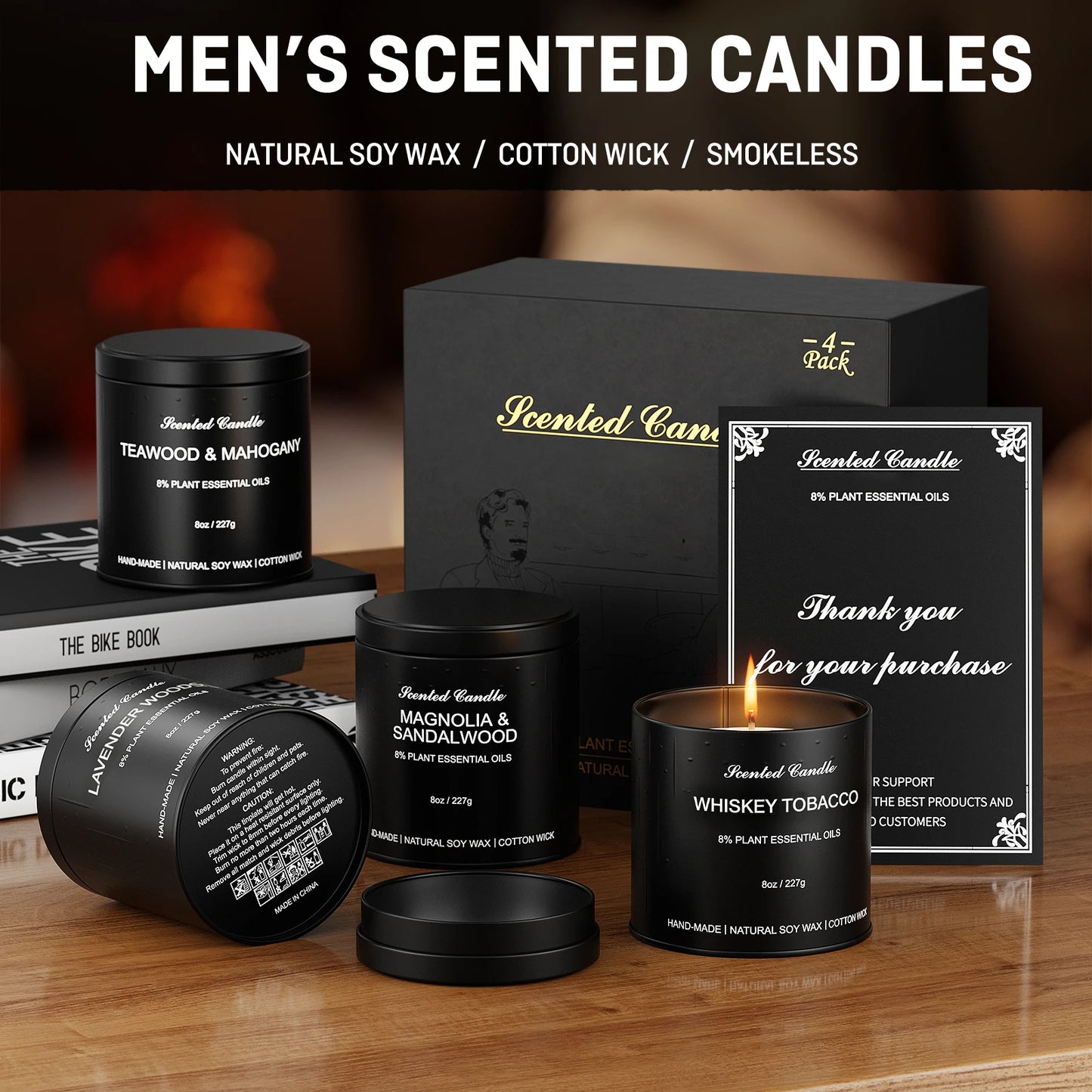 Men's Scented Candles Gift Set 4 Pack Soy Wax  Luxury Masculine Candles for Home Relaxing Gifts for Men, Dad, Husband