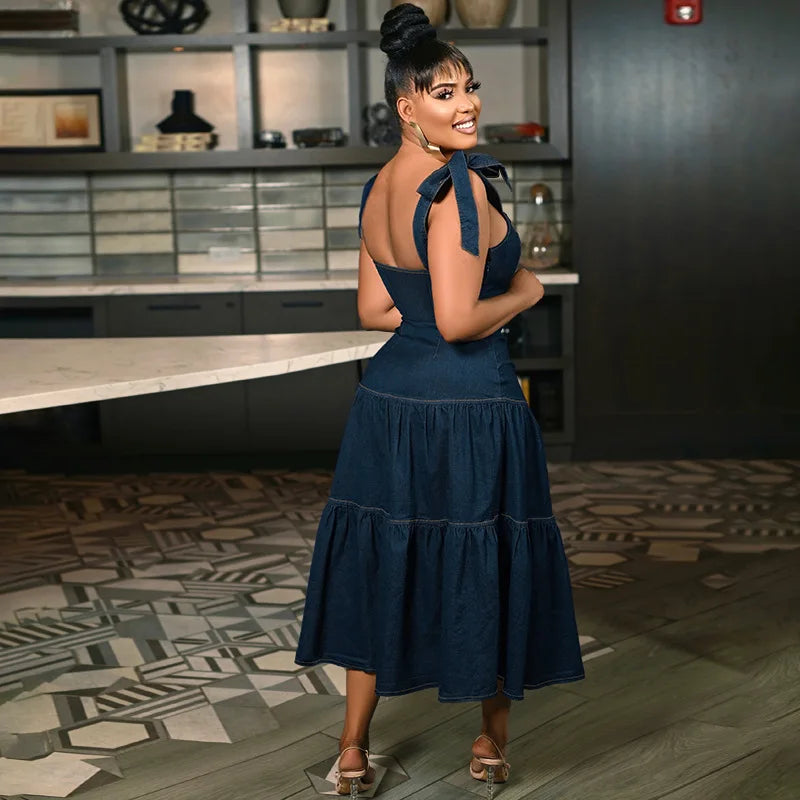 21838 Plus Size 5Xl Blue Denim Sleeveless Casual Loose A-Line Maxi Dress Summer High Quality Tank Top Maxi Dress
