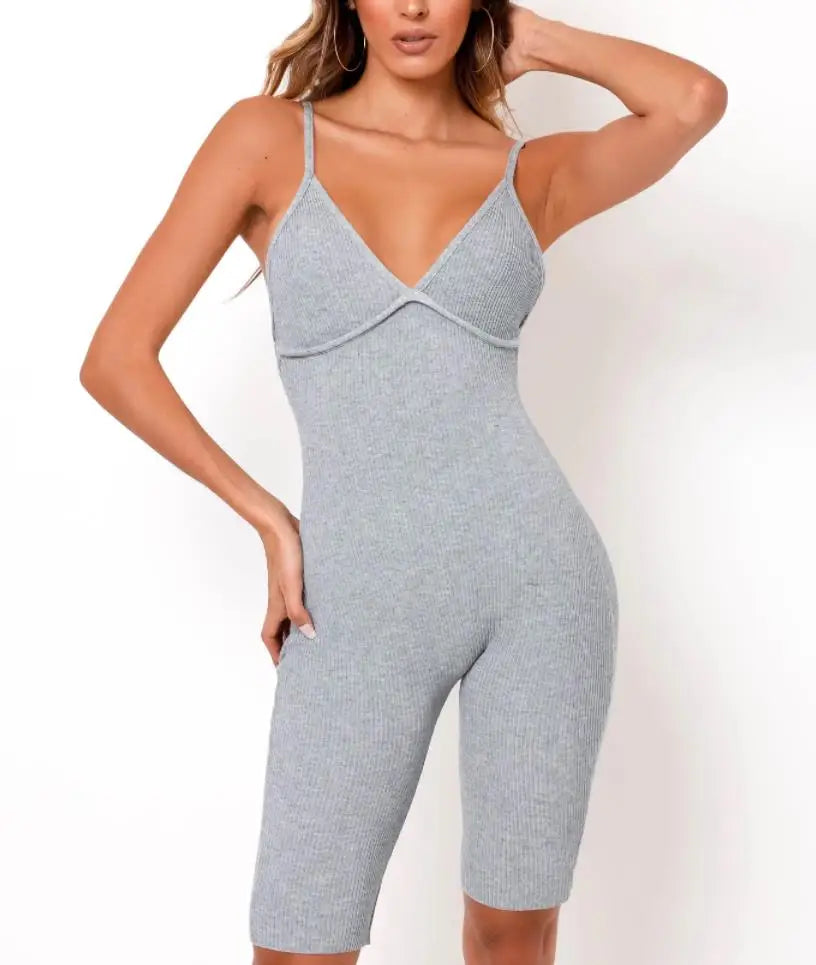 Fashion Bodycon Jumpsuits Sleeveless V Neck Rompers Club Wear Casual Elastic Overalls Ribbed Playsuit for Women