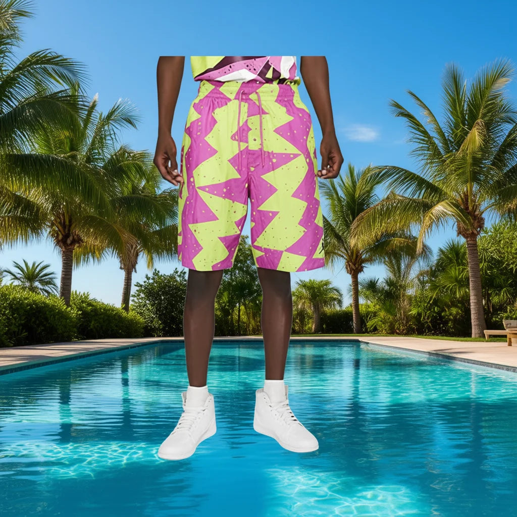 Jordan Mens Active Shorts Volt Berry Geometric Print Quick Dry Mid Waist Drawstring Bermuda Length 100% Polyester