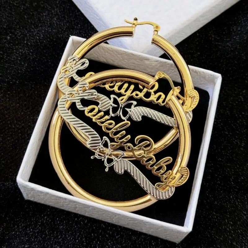 Personalised Double Color Nameplate Earring Stainless Steel Round Earrings Custom Butterfly Name Hoop