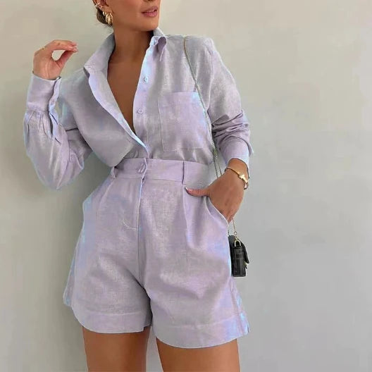 New High Quality Casual 2 Piece Set Women Puff Sleeve Top and Elastic Waist Slim Shorts Set Jogging Set