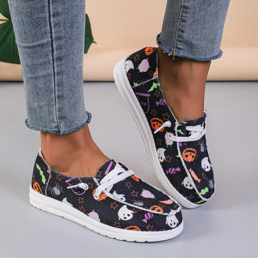 rola Halloween canvas shoes women's pumpkin print ghost pattern flat casual women's shoes