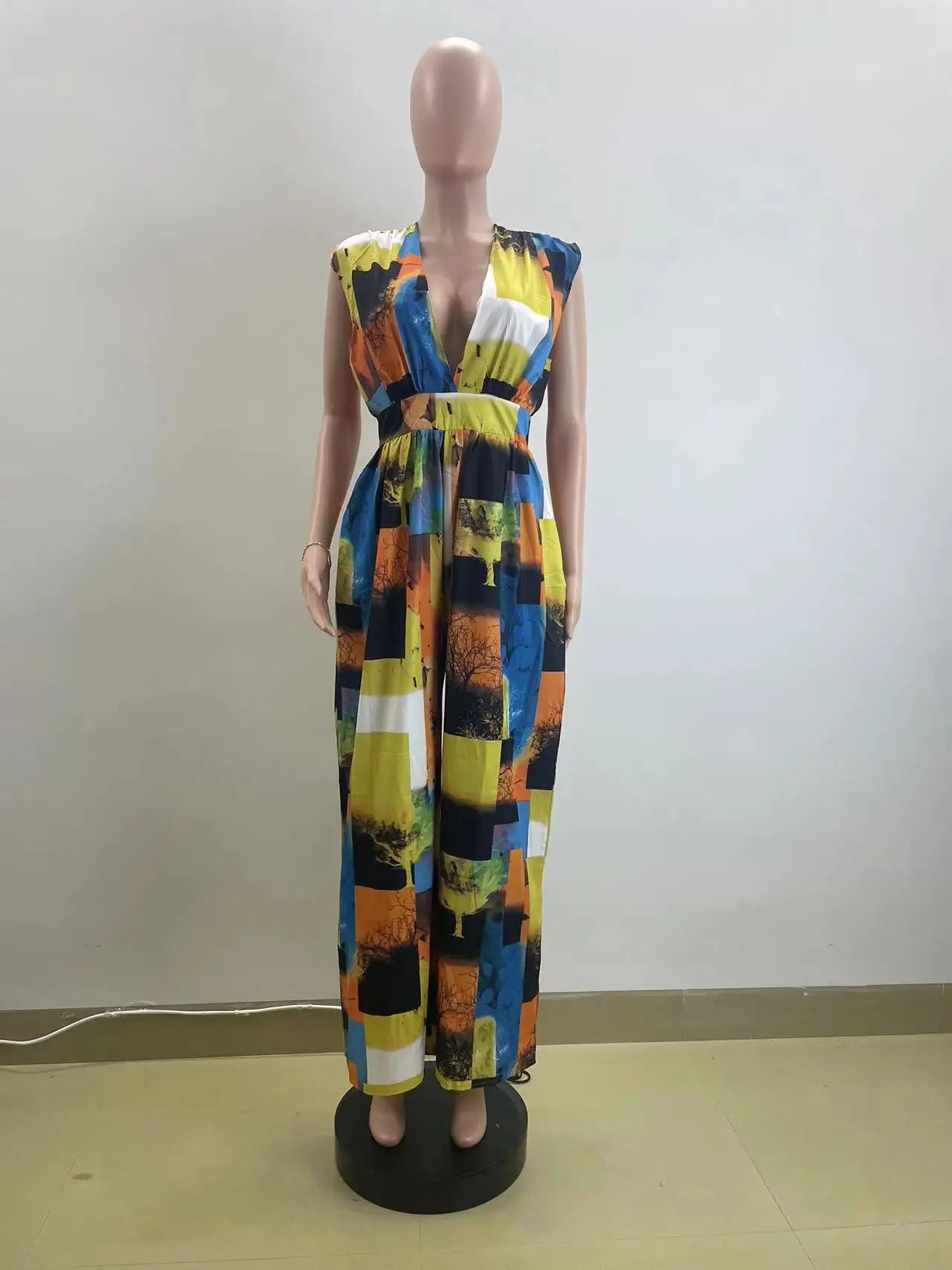 Casual V Neck Sleeveless Jumpsuit with Print Patchwork Breathable Knitted Summer Jumpsuit for Parties Button Decoration