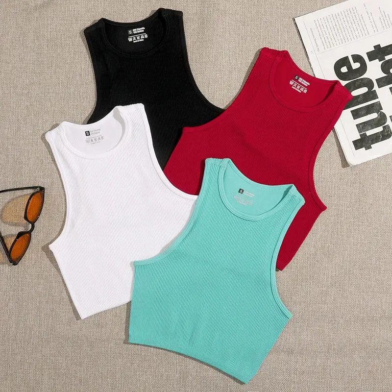 Crop Top Women Solid Basic T-shirts Vest Seamless Streetwear Elastic Rib-Knit Sleeveless Casual Tank Tops Female