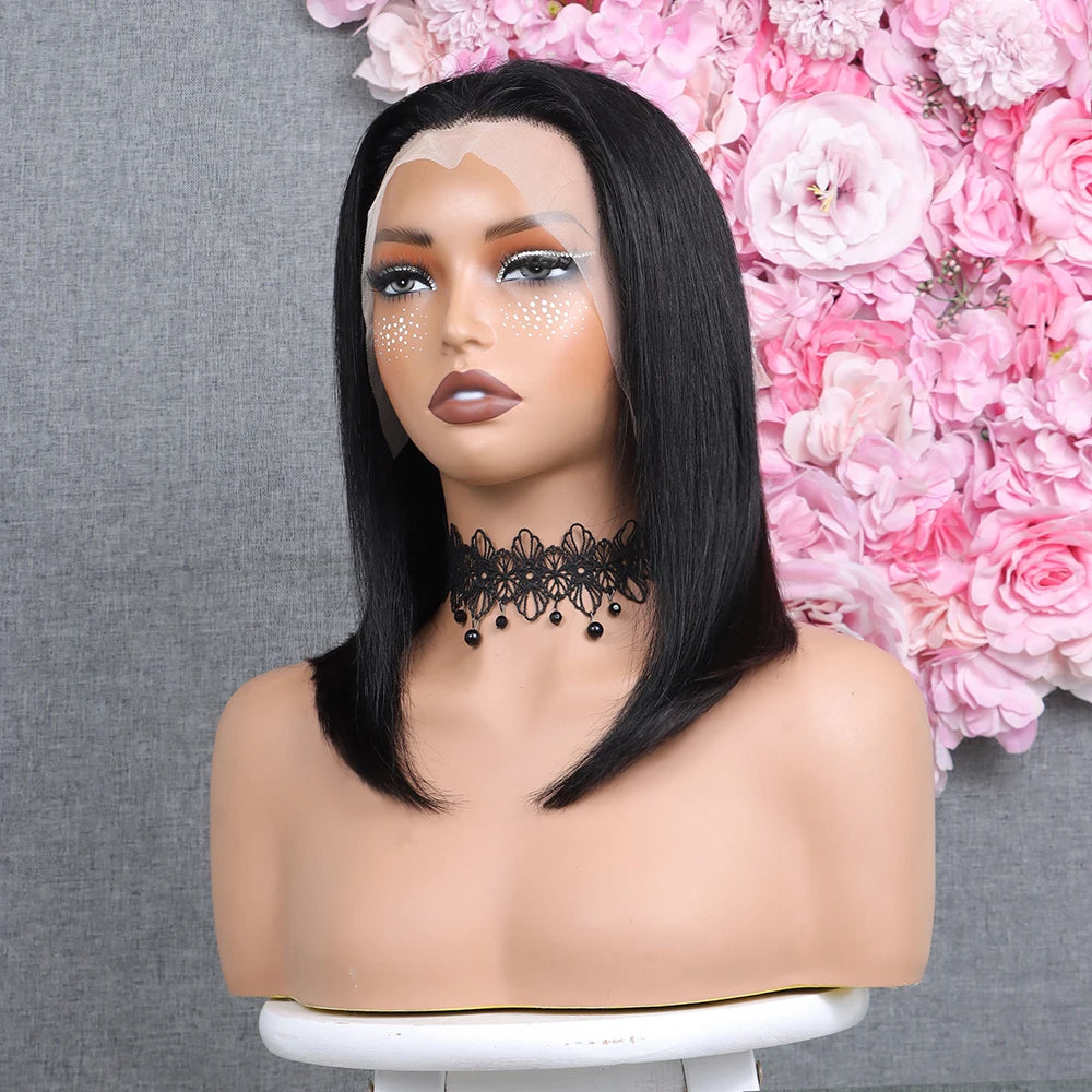 Natural Human Bob Wig Pre Plucked Baby Hair 180% Density Short Front Transparent for Natural Black Women Straight Bob Frontal