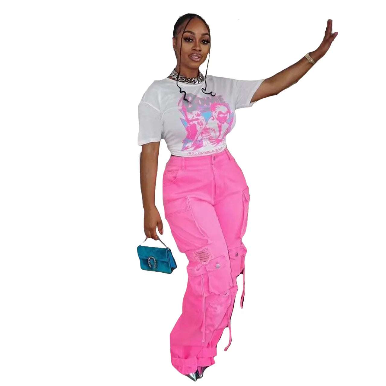 F88483 High Waist Chic Ripped Hole Baggy Jeans Y2K Denim Boyfriend Street Style Wide Leg Straight Cargo Jeans