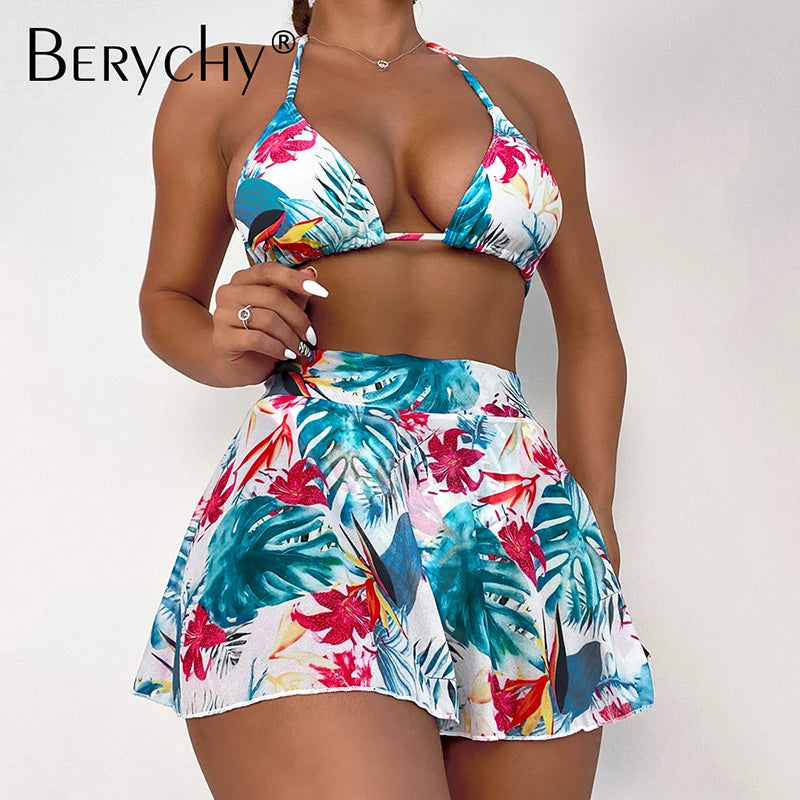 Bikini 2022 Skirt Swimsuit Women Print Swimwear Female Halter String 3 Pieces Set Sexy Bathing Suit Swimming Suit