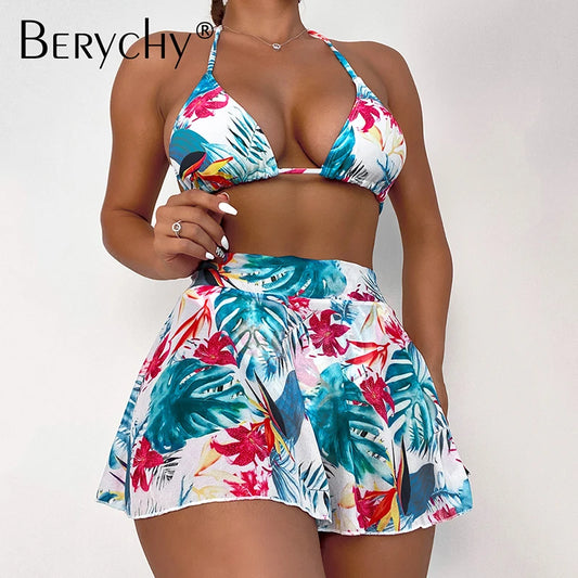 Bikini 2022 Skirt Swimsuit Women Print Swimwear Female Halter String 3 Pieces Set Sexy Bathing Suit Swimming Suit