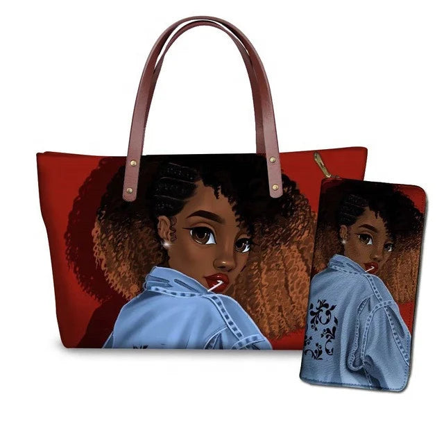 Custom Printed Women Bag Handbags African Girls Printing Purse and Handbags 2pcs Set Shoulder Tote Bag Females Summer Beach Bags