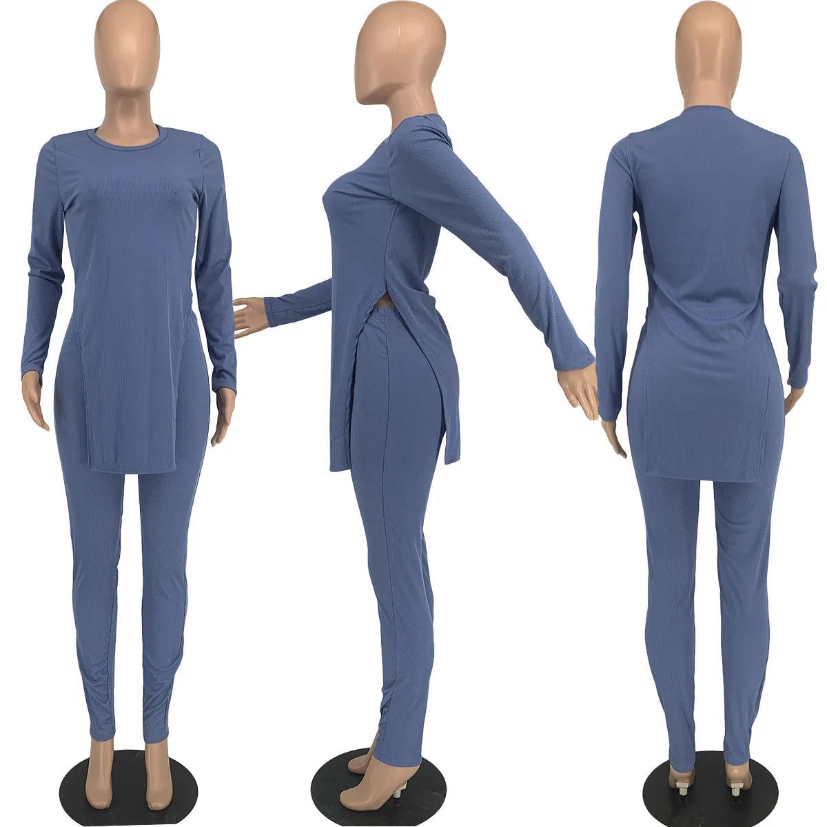 Woman Ribbed Knitted Women Two Piece Set Long Sleeve Slit Top Leggings Skinny Sports Tracksuit Fall Clothing