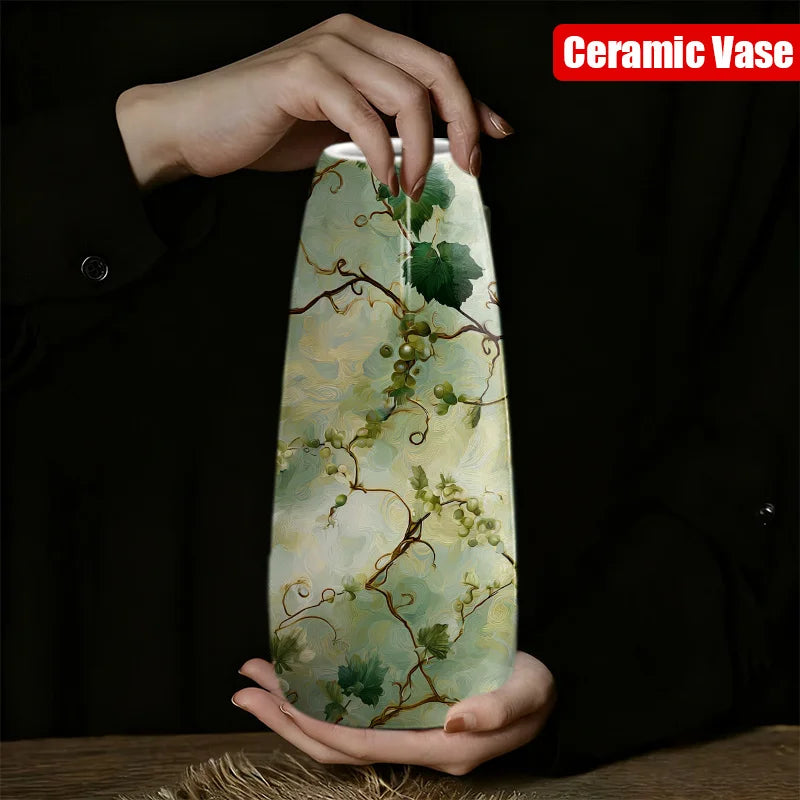 1pc Ceramic Vase Hand Painted Green and Yellow Floral Pattern on White Background, Elegant and Beautiful for Modern Home Decor