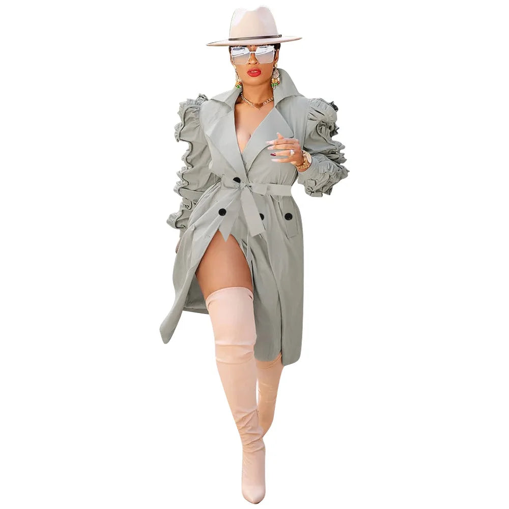 ANSZKTN Spring Fall Stacked Sleeve Midi Women'S Trench Coats Long for Ladies Women