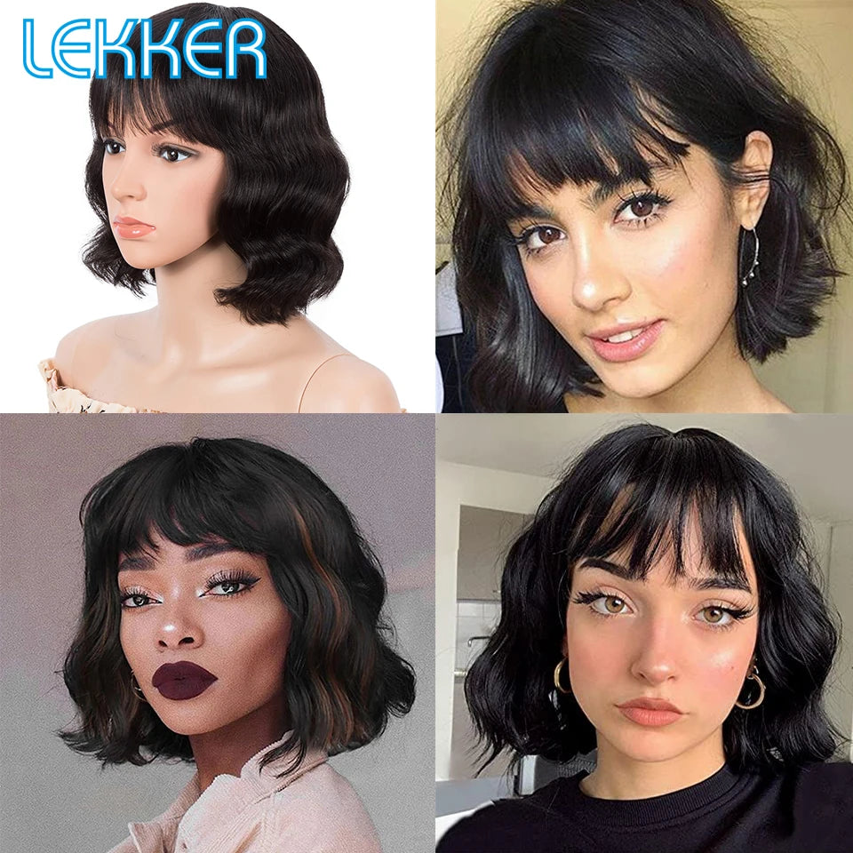 Lekker Brown Short Body Wave Bob 100% Human Hair Wigs With Bangs For Women Brazilian Remy Hair Full Machine Made Daily Bob Wigs