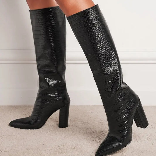 Pattern Long Boots for Women 2024 the Same Pointed Thick Heel Over Knee Boots, a New One Foot Boots in Winter 2025