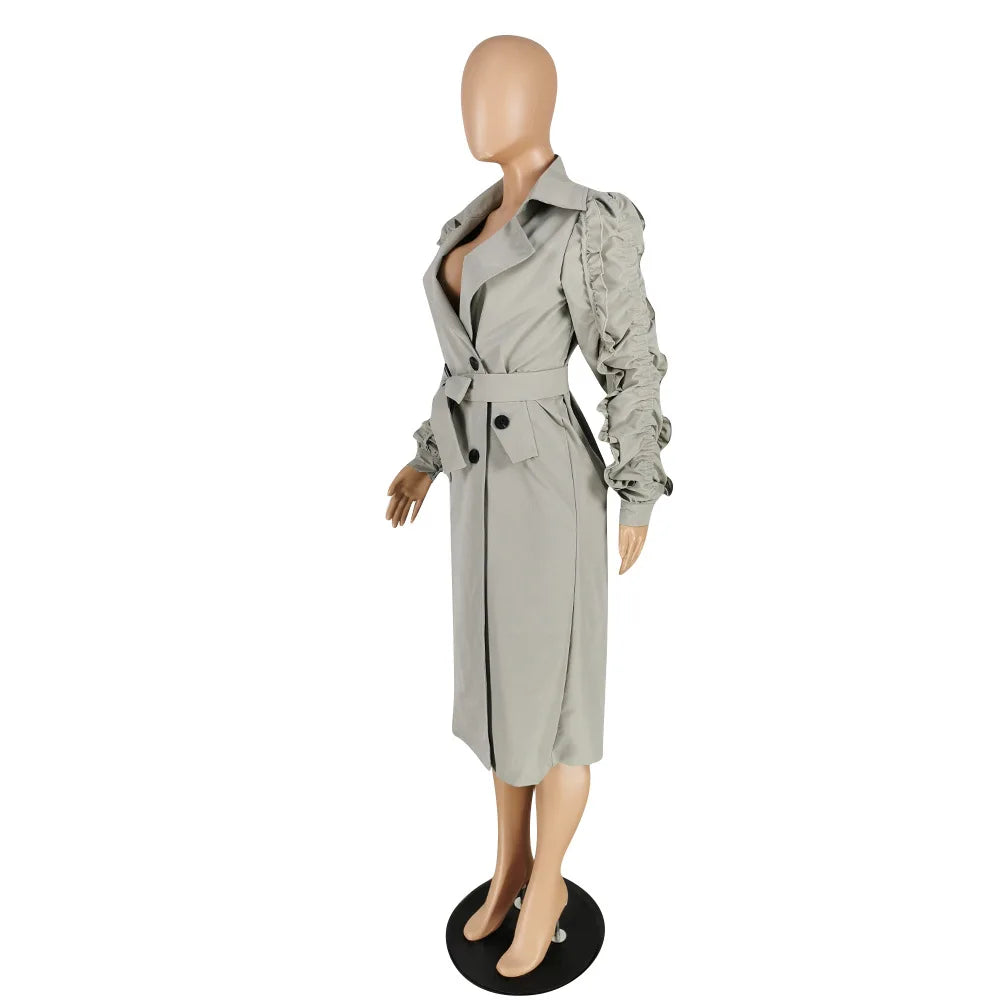 ANSZKTN Spring Fall Stacked Sleeve Midi Women'S Trench Coats Long for Ladies Women