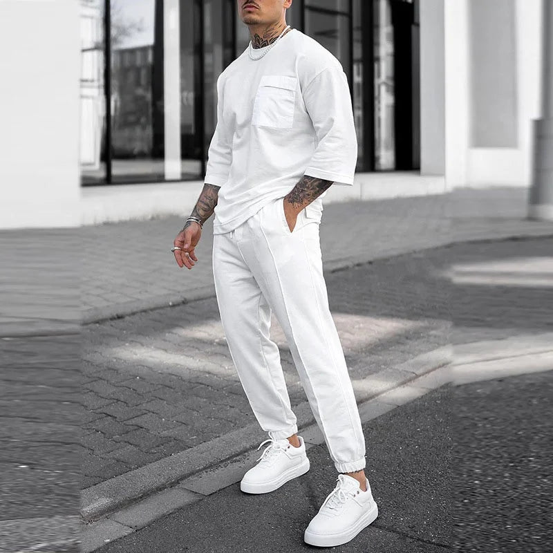 2024 Summer New Sports Set Men's Street Trend Casual Short Sleeved Long Pants Casual Two Piece Set