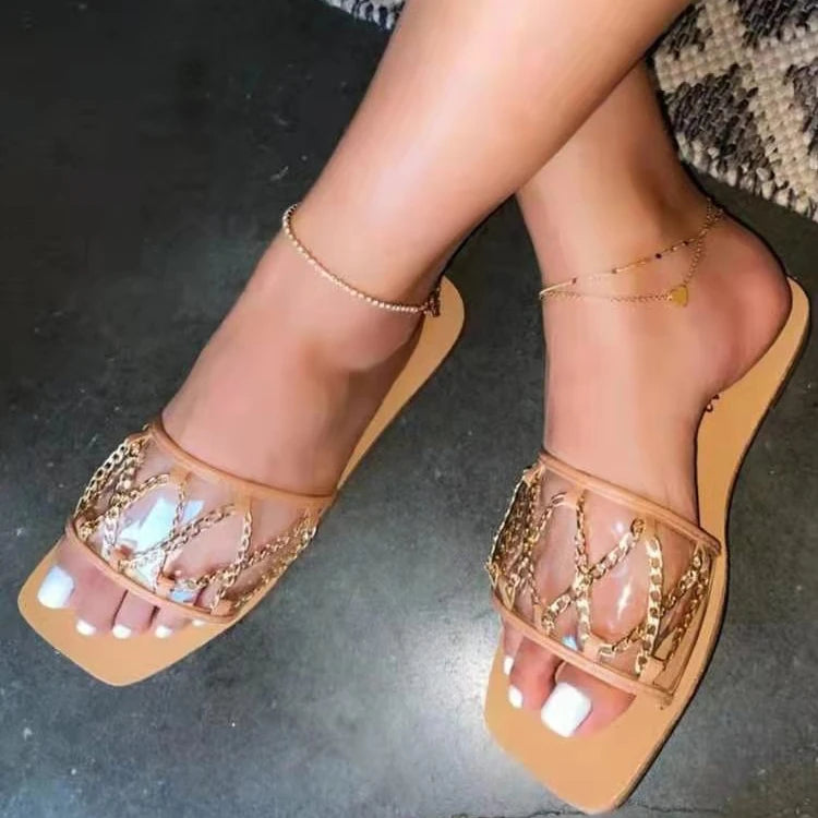 Women 2021 Summer Square Heel Metal Decoration Cross-tied Slides Ladies Flat Transparent Female Casual Outdoor Sandals Slippers