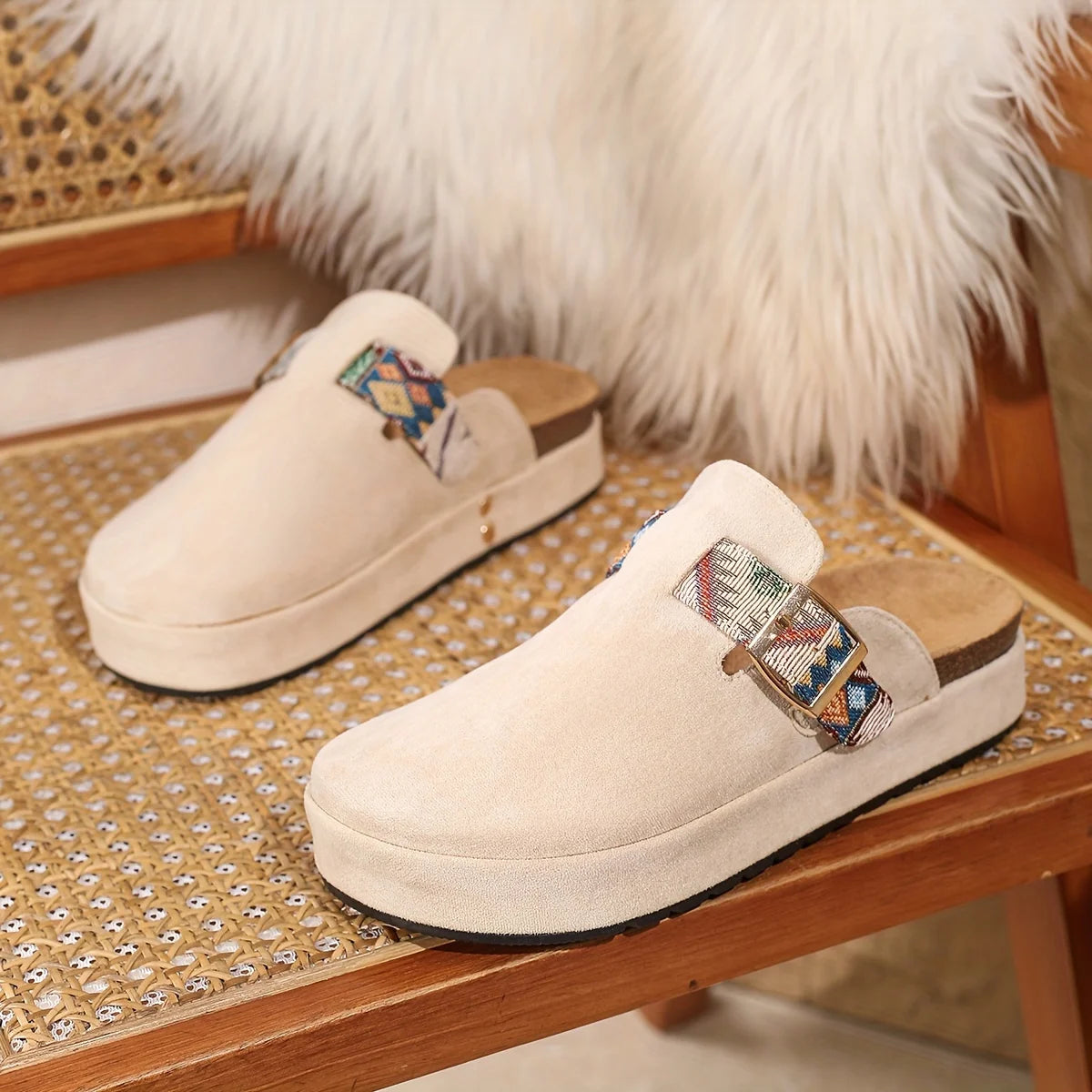 Summer New Women's Round Toe Embroidered Slip-on Sandals, Beach Vacation Style Thick-soled Mules