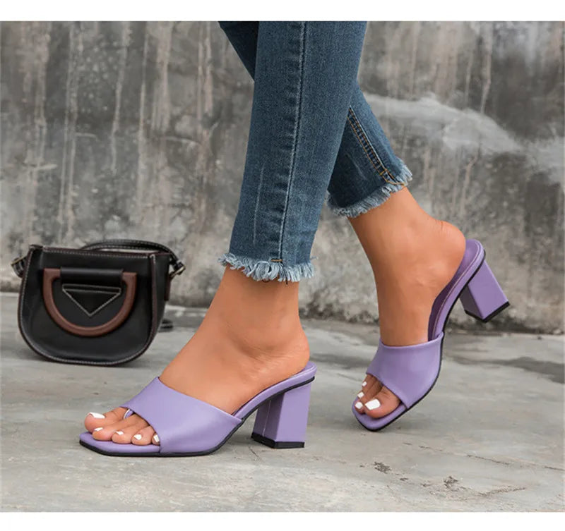 Eilyken Purple Slipper Summer Outdoor Sandal Women Square High Heel Beach Slip On Flip Flop Slides Size 41 42
