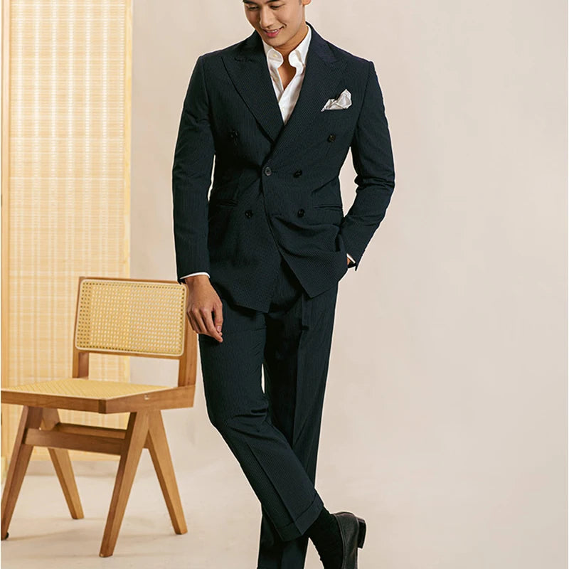 New Product Italian Suits for Men Double Breasted Black Stripe Man Slim Fitting Suit 2 Pcs Set