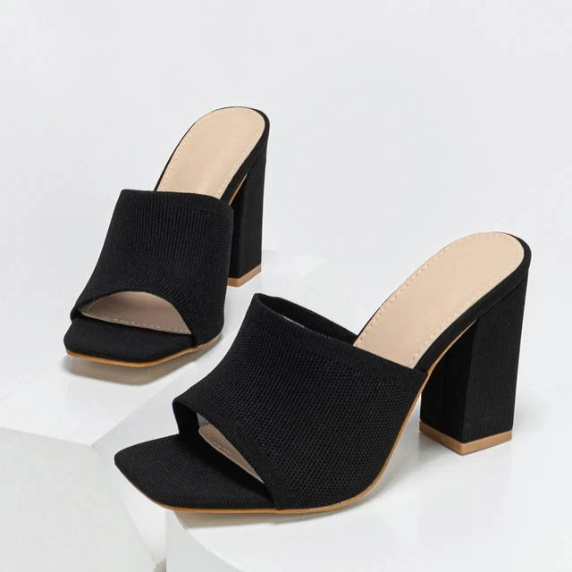 Plus 35-42 Stretch Fabric Women Slippers Fashion Square Toe Mule Slides Shoes 2024 Summer Female Sandals