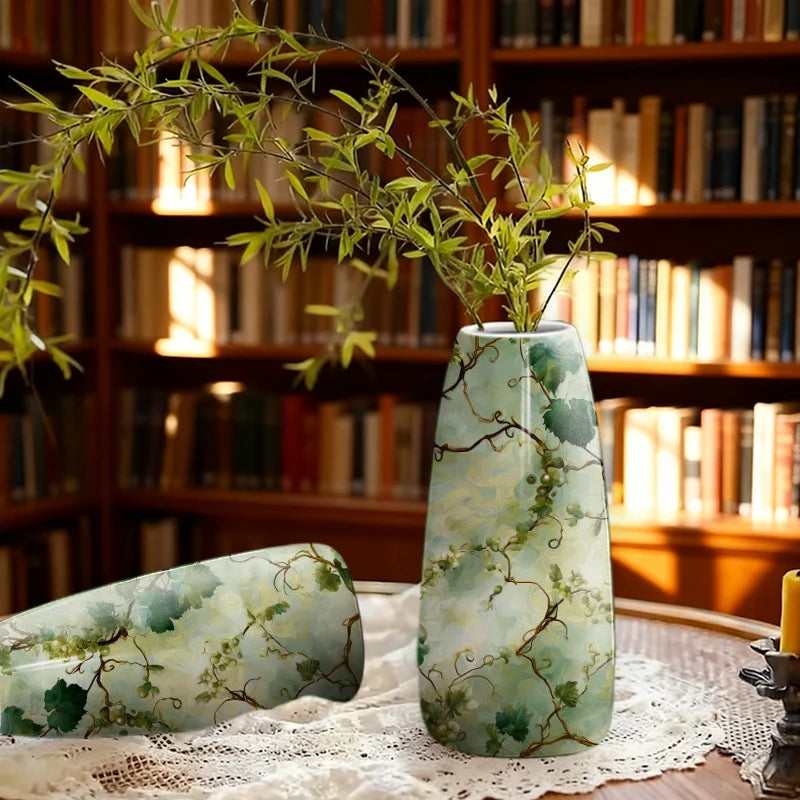 1pc Ceramic Vase Hand Painted Green and Yellow Floral Pattern on White Background, Elegant and Beautiful for Modern Home Decor