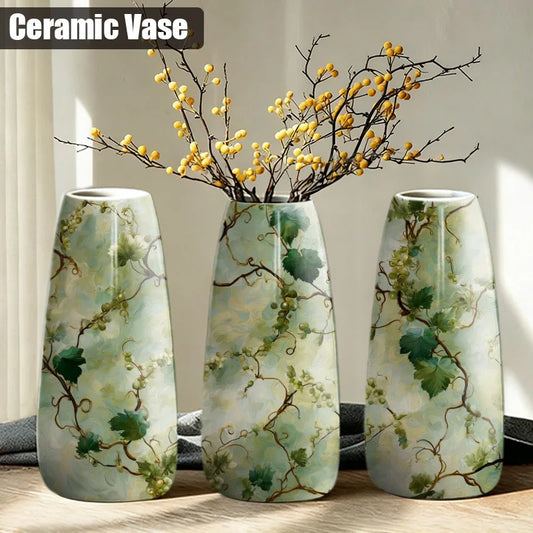 1pc Ceramic Vase Hand Painted Green and Yellow Floral Pattern on White Background, Elegant and Beautiful for Modern Home Decor