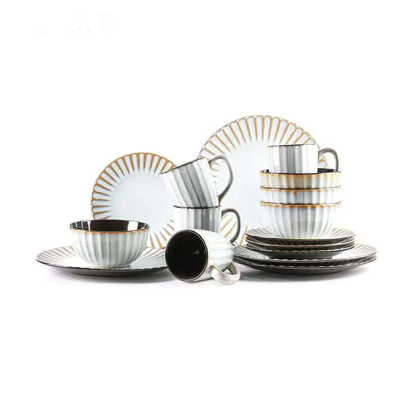 September Promotion Golden Beige Stone Tools Embossed Tableware Sets High End Premium Ceramic Sets and Safety Tableware Sets