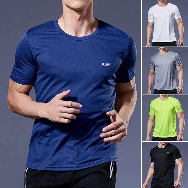High Quality Polyester Men Running T Shirt Quick Dry Fitness O Neck T Shirt Training Exercise Clothes Gym Sport Shirt Tops