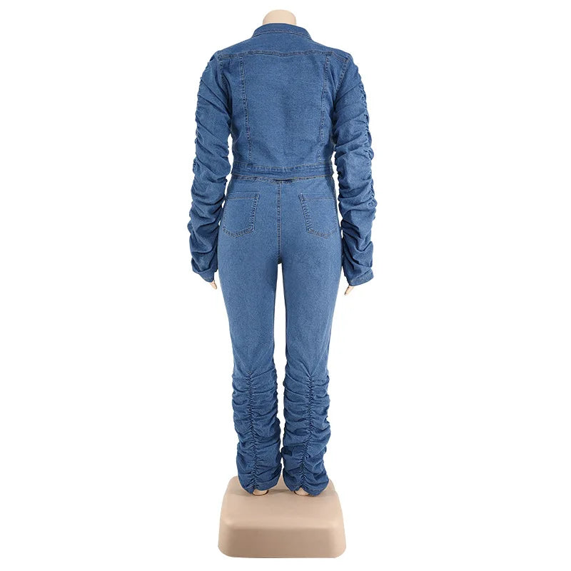 Denim Plus Size Sets Women 2 Piece Set Puff Long Sleeve Jacket Stretch Stacked Jeans Fall Winter Clothes Wholesale Dropshipping