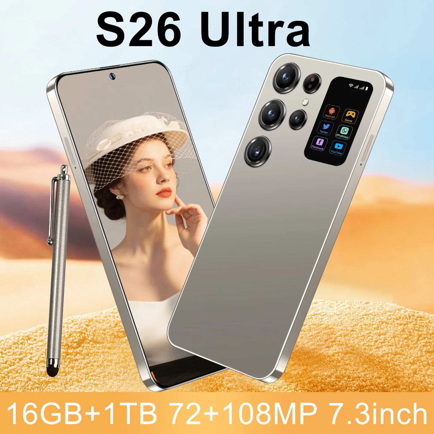 Face Recognition Unlock Original S26 Ultra 5G Smart Mobile Phone 7.3-inch HD Screen 16GB RAM+1TB Storage Deca Core Processor