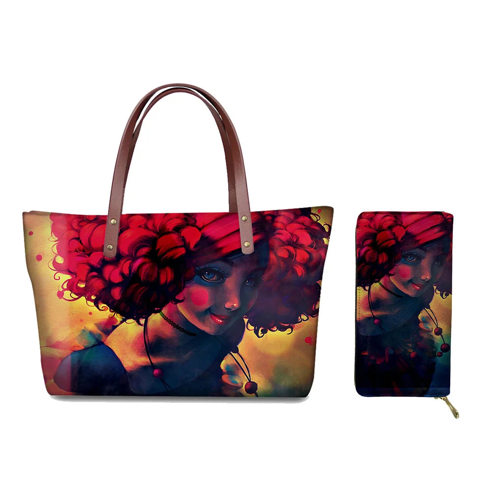 Custom Printed Women Bag Handbags African Girls Printing Purse and Handbags 2pcs Set Shoulder Tote Bag Females Summer Beach Bags