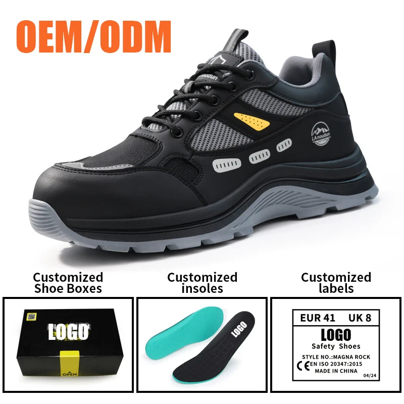 Lanoudun Black Industrial Safety Shoes For Men Steel Toe Puncture Resistant EN Standard Cap Microfiber