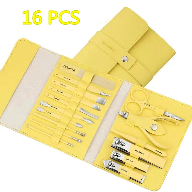 12-16pcs/set Nail Cutter Set Stainless Steel Nail Clippers Set With Folding Bag Manicure Cutter Kits Scissors Makeup Beauty Tool