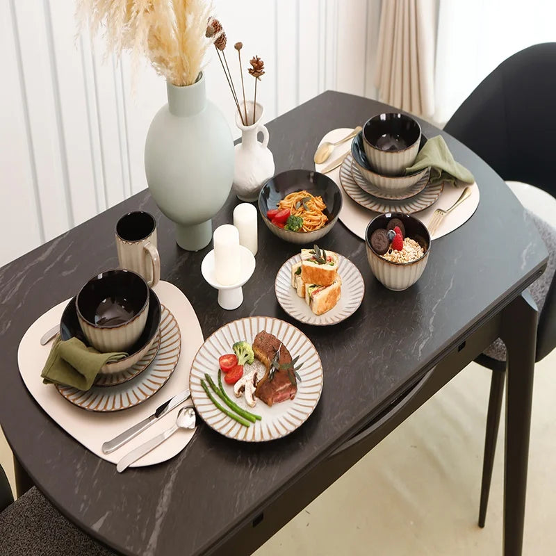 September Promotion Golden Beige Stone Tools Embossed Tableware Sets High End Premium Ceramic Sets and Safety Tableware Sets