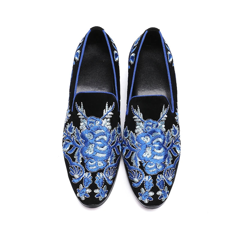 NA074 2022 Embroidery Men Flats Blue Fretwork Loafers Slip on Party Shoes Men Vintage Casual Shoes Mixed Stone Flat Heel Shoes