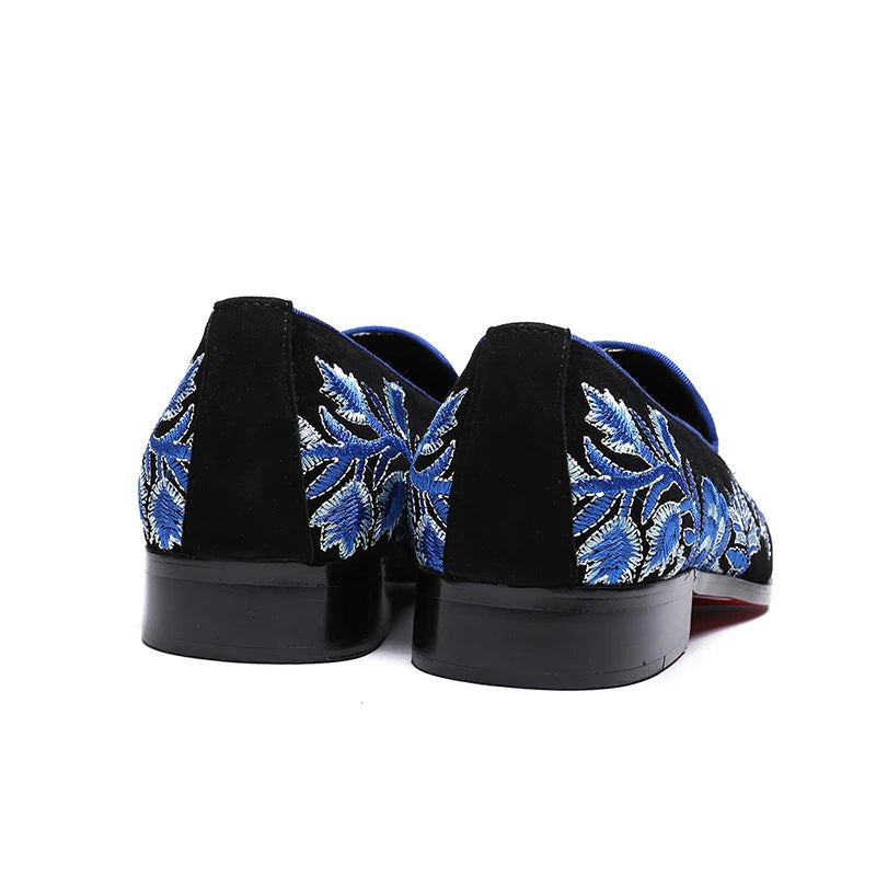 NA074 2022 Embroidery Men Flats Blue Fretwork Loafers Slip on Party Shoes Men Vintage Casual Shoes Mixed Stone Flat Heel Shoes