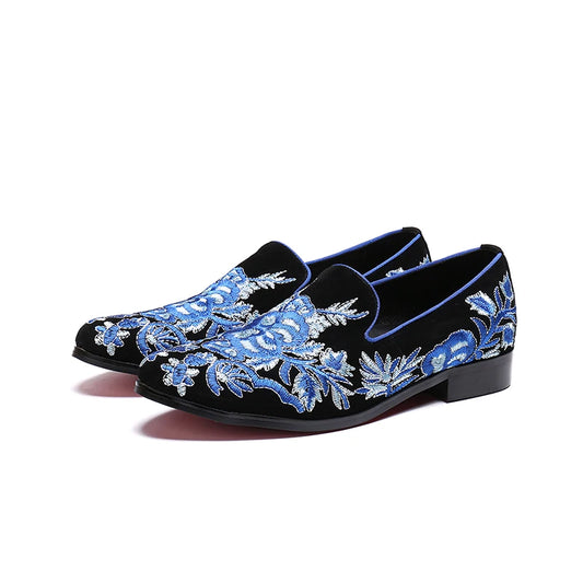 NA074 2022 Embroidery Men Flats Blue Fretwork Loafers Slip on Party Shoes Men Vintage Casual Shoes Mixed Stone Flat Heel Shoes