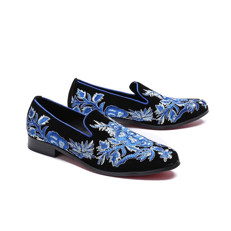 NA074 2022 Embroidery Men Flats Blue Fretwork Loafers Slip on Party Shoes Men Vintage Casual Shoes Mixed Stone Flat Heel Shoes
