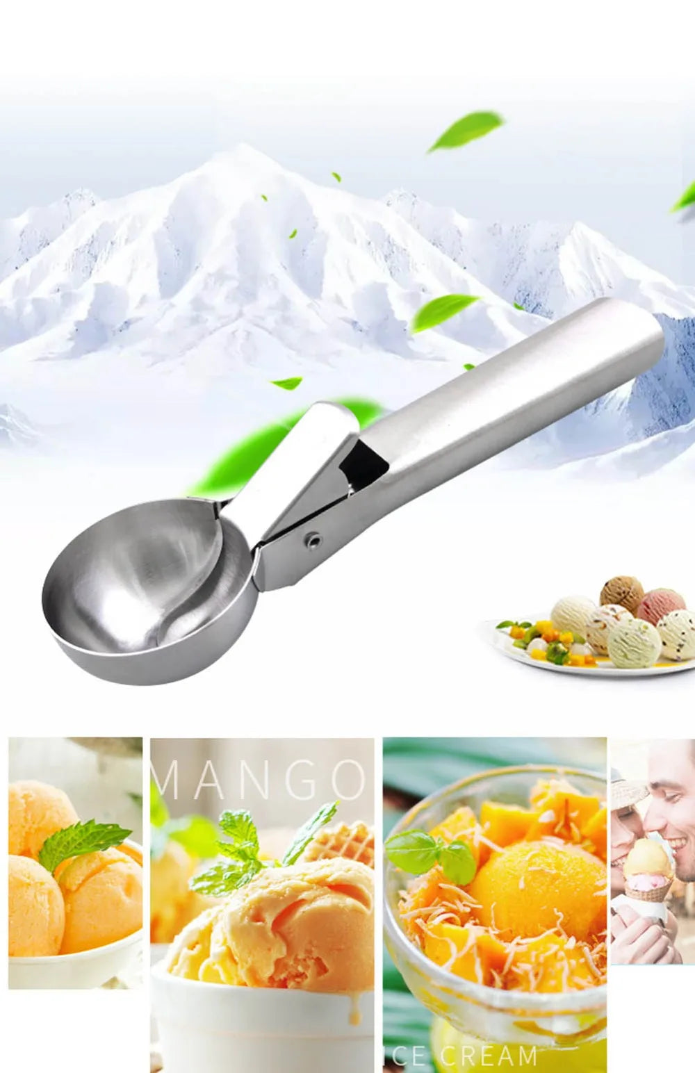 Ice Cream Scoops Stacks Stainless Steel Fruit Digger Non-Stick Spoon Tool Ice Cream Ball Maker Kitchen Tools for Watermelon Cake
