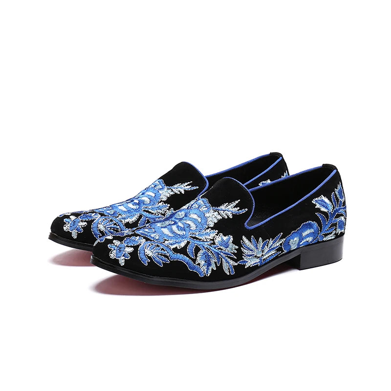 NA074 2022 Embroidery Men Flats Blue Fretwork Loafers Slip on Party Shoes Men Vintage Casual Shoes Mixed Stone Flat Heel Shoes