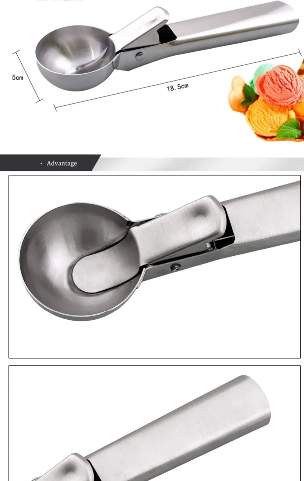 Ice Cream Scoops Stacks Stainless Steel Fruit Digger Non-Stick Spoon Tool Ice Cream Ball Maker Kitchen Tools for Watermelon Cake