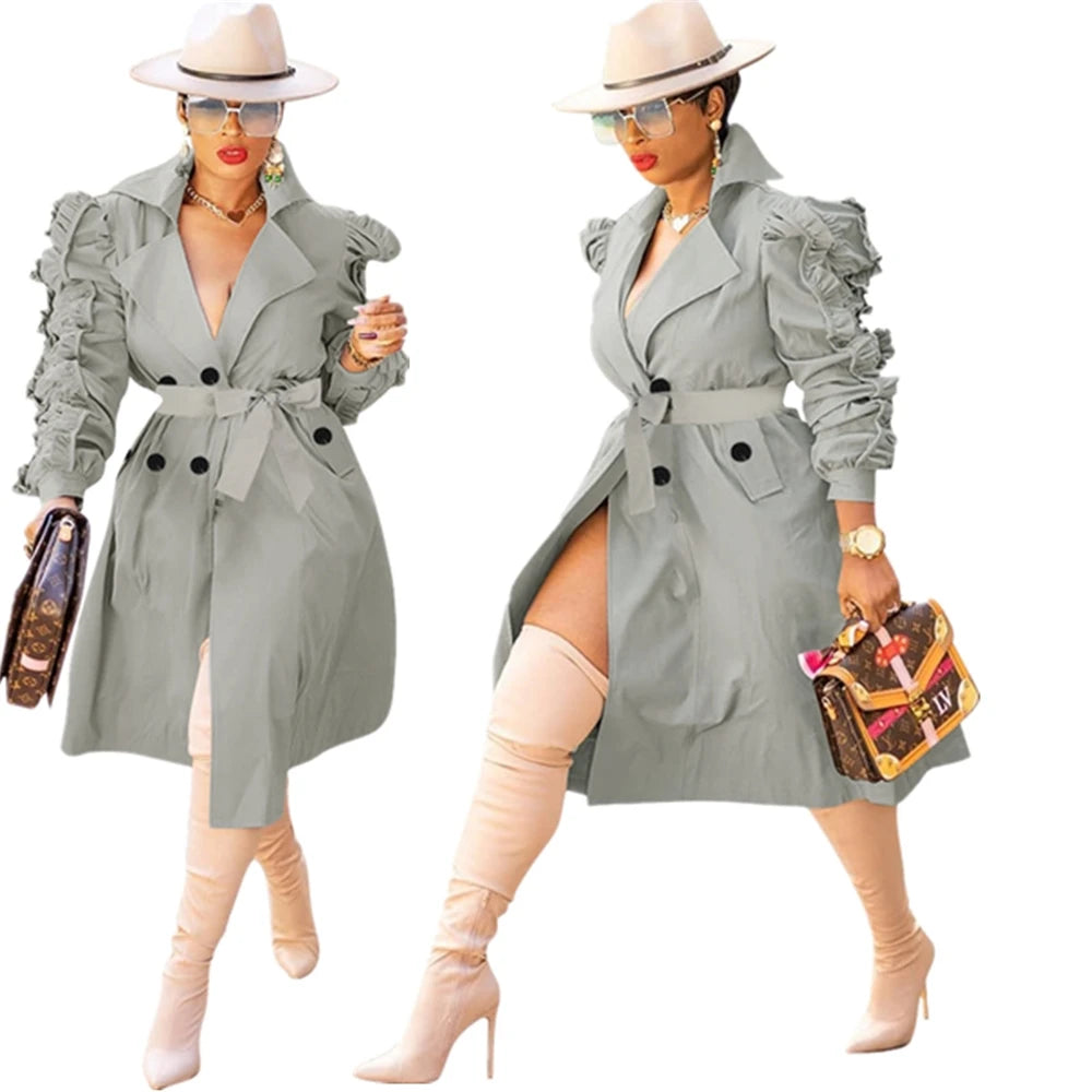 ANSZKTN Spring Fall Stacked Sleeve Midi Women'S Trench Coats Long for Ladies Women