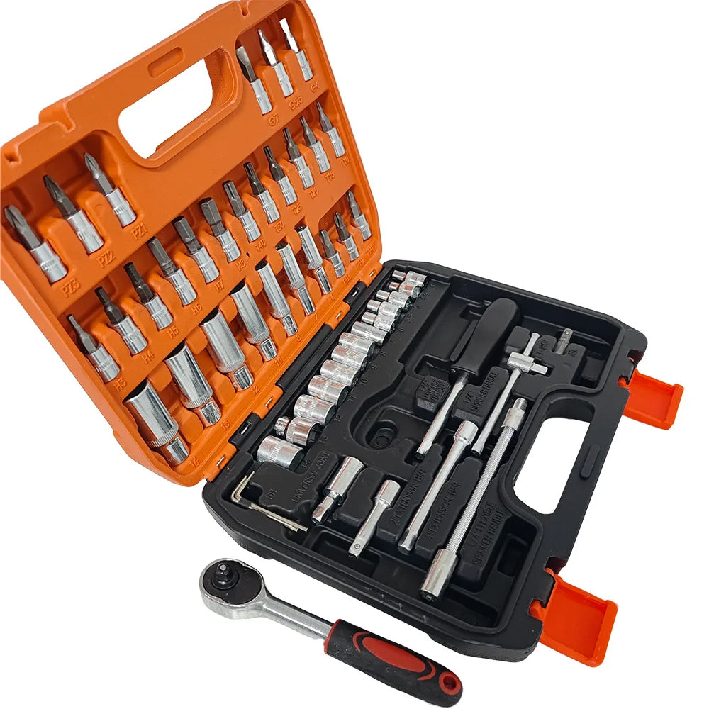 Precision Steel 53pcs 1/4 Inch Drive Sleeve Ratchet Wrench Set Hand OEM New Red Metric Extension Rod Variety Any Repair