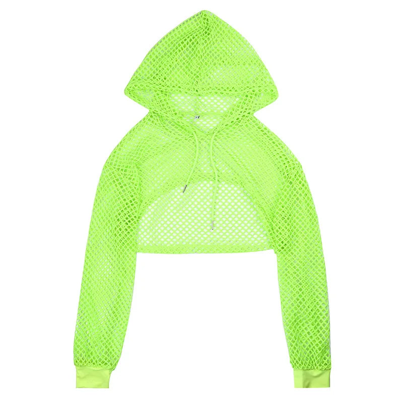 2022 New Spring  Streetwear Neon Green Mesh Fishnet Top Women Tshirt Perspective Long Sleeve Women's T-shirts Sexy Cropped Shirt