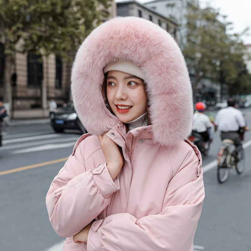 Winter Women Long Jacket Large Size Faux Fur Collar Hooded Parkas Cotton Down Coat Thickness Snow Warm Outwear