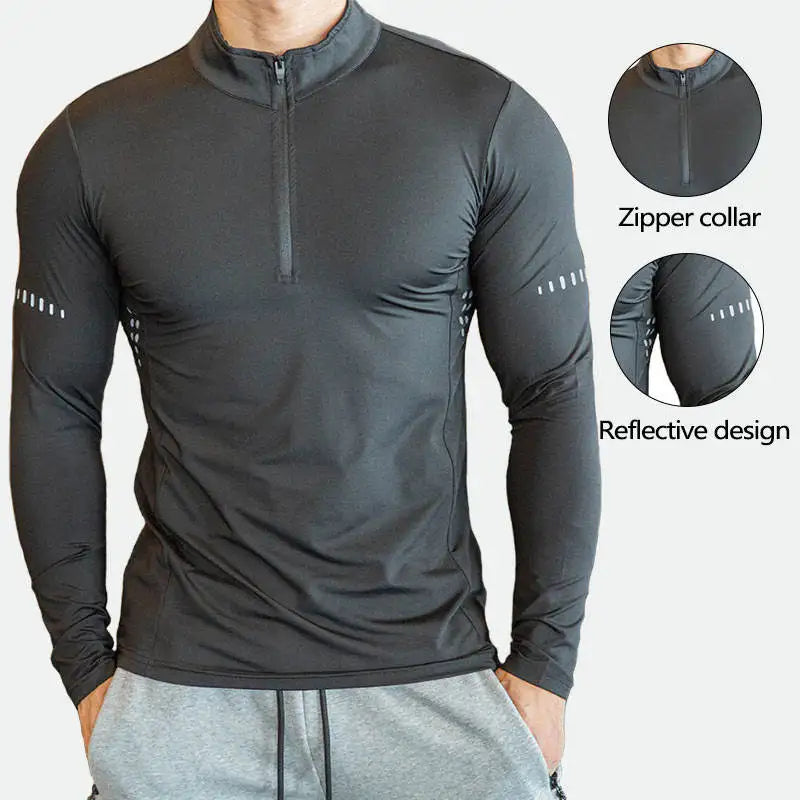 Compression T-shirts Men Fitness WearCustom Long Sleeve Zip Gym Workout Clothing