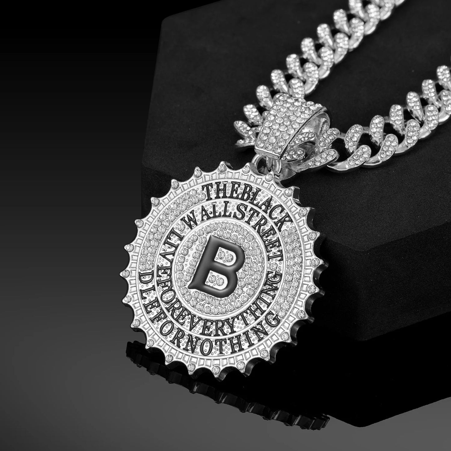 CJH Hip Hop Brand Men's Full Diamond Cuban Necklace Round B Diamond Letter Pendant Long Chain for Gift Cross-Border Supply