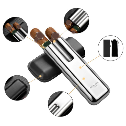 Stainless Steel Cigar Case Anti-pressure Portable Travel Leather Cigar Humidor Box
